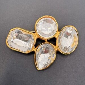 Vintage Large Statement Brushed Gold Tone Bezel Clear Crystals Runway Brooch